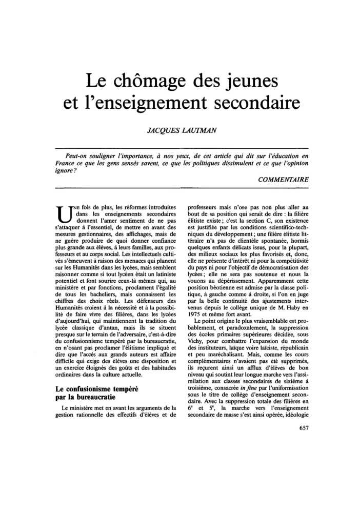 Le chômage des jeunes et l’enseignement secondaire
 – page 1