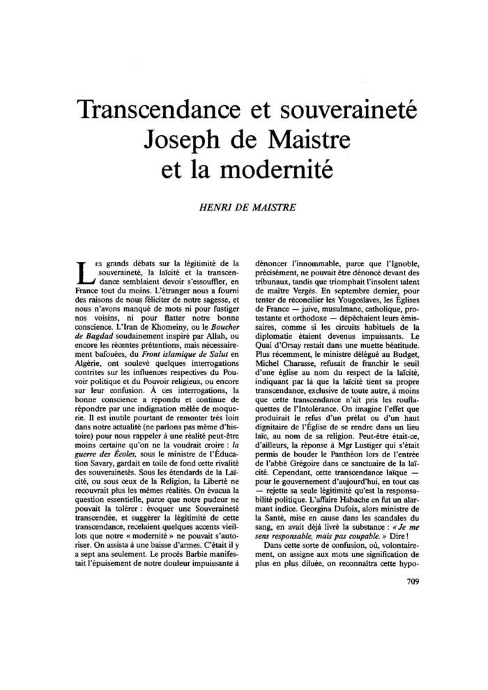 Transcendance et souveraineté Joseph de Maistre et la modernité
 – page 1