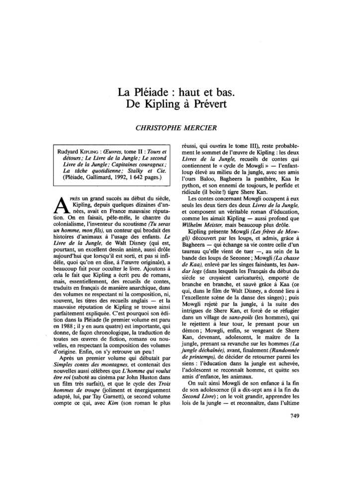 La Pléiade : haut et bas. De Kipling à Prévert
 – page 1