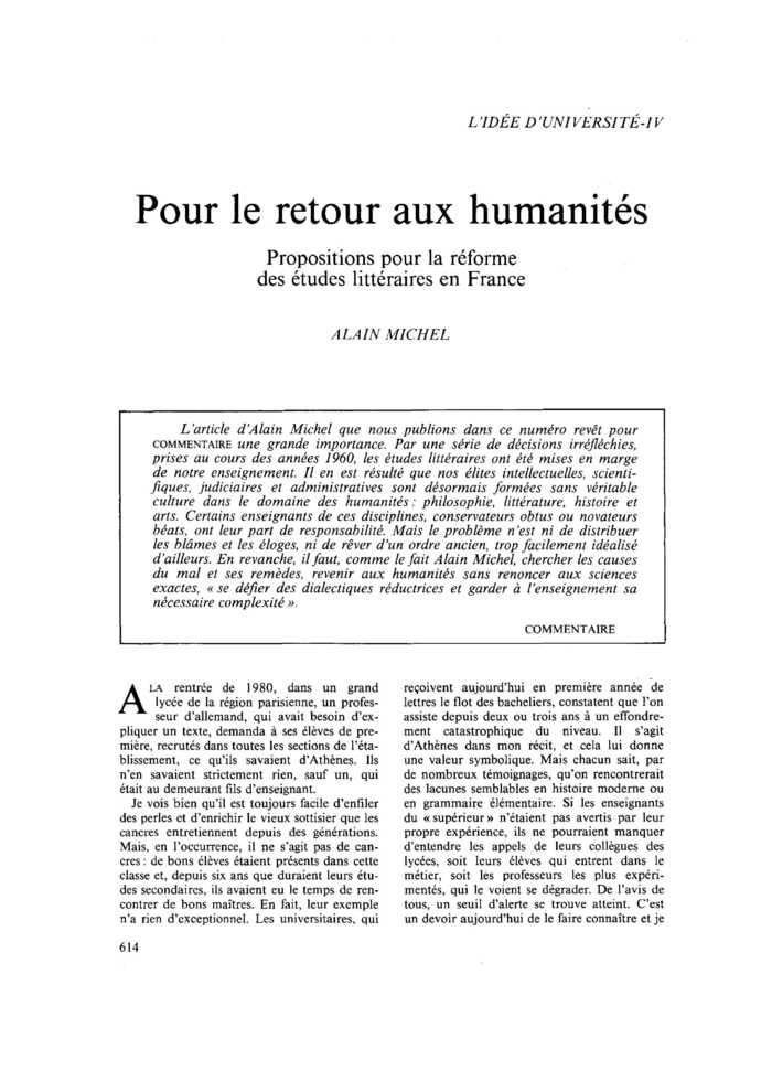 Pour le retour aux humanités
 – page 1