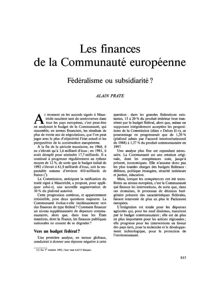 Les finances de la Communauté européenne. Fédéralisme ou subsidiarité ?
 – page 1