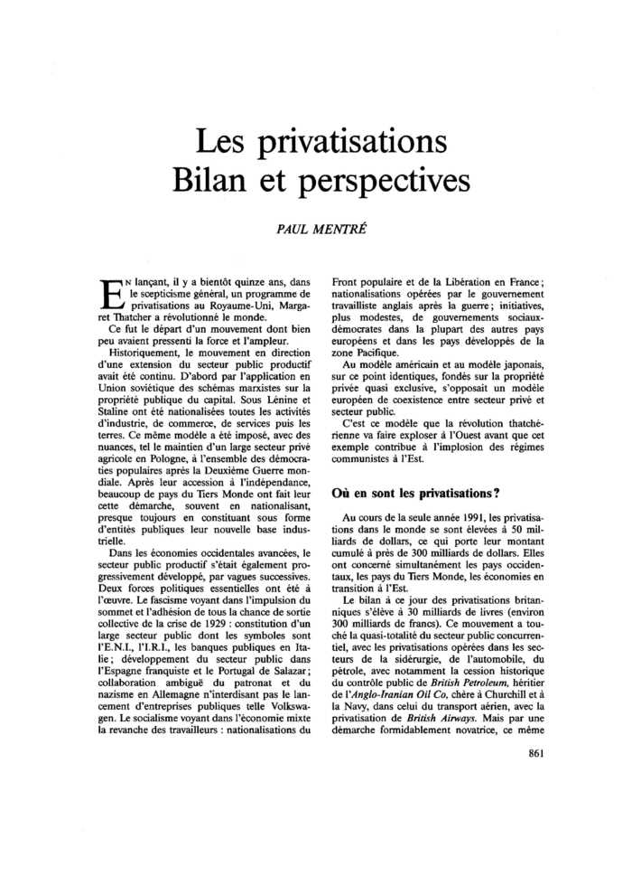 Les privatisations. Bilan et perspectives
 – page 1