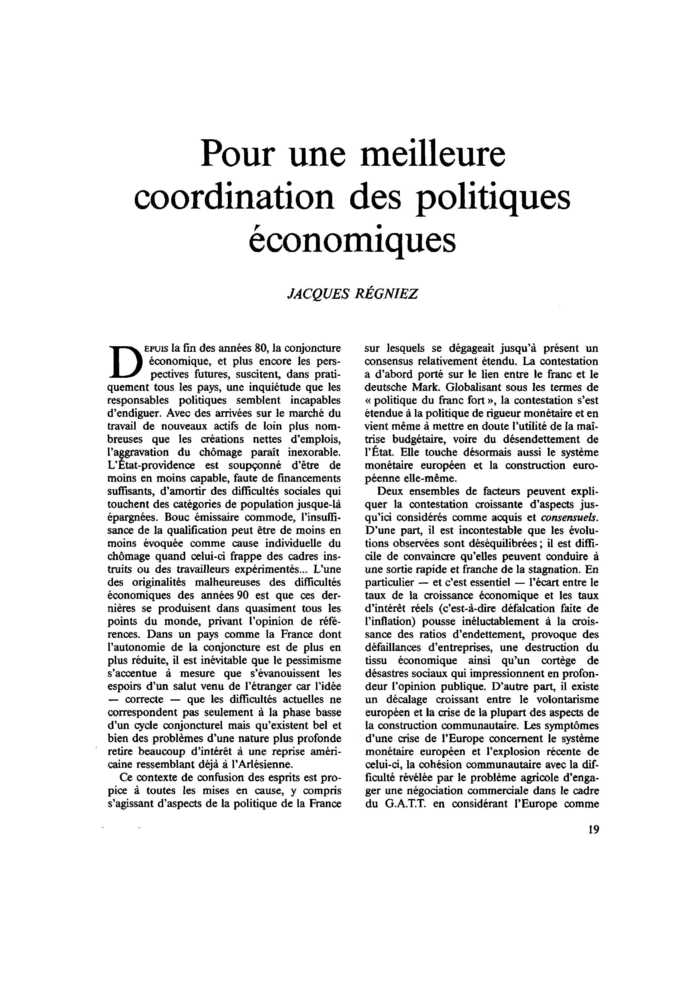 Pour une meilleure coordination des politiques économiques
 – page 1