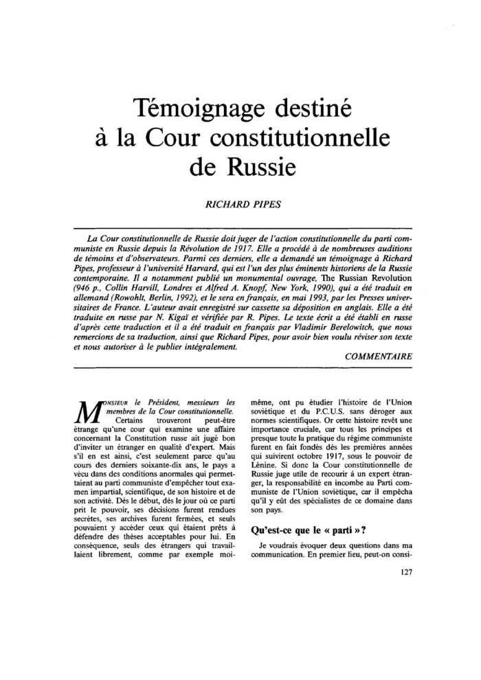 Témoignage destiné à la Cour constitutionnelle de Russie
 – page 1