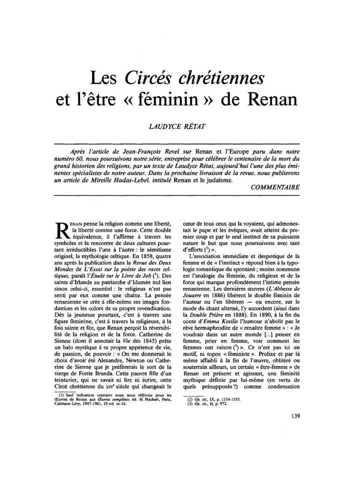 Les Circés chrétiennes et l’être « féminin » de Renan
 – page 1
