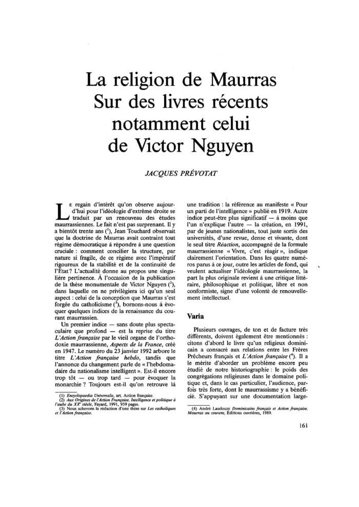 La religion de Maurras. Sur des livres récents notamment celui de Victor Nguyen
 – page 1