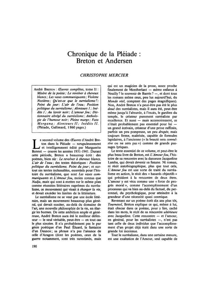 Chronique de la Pléiade : Breton et Andersen
 – page 1