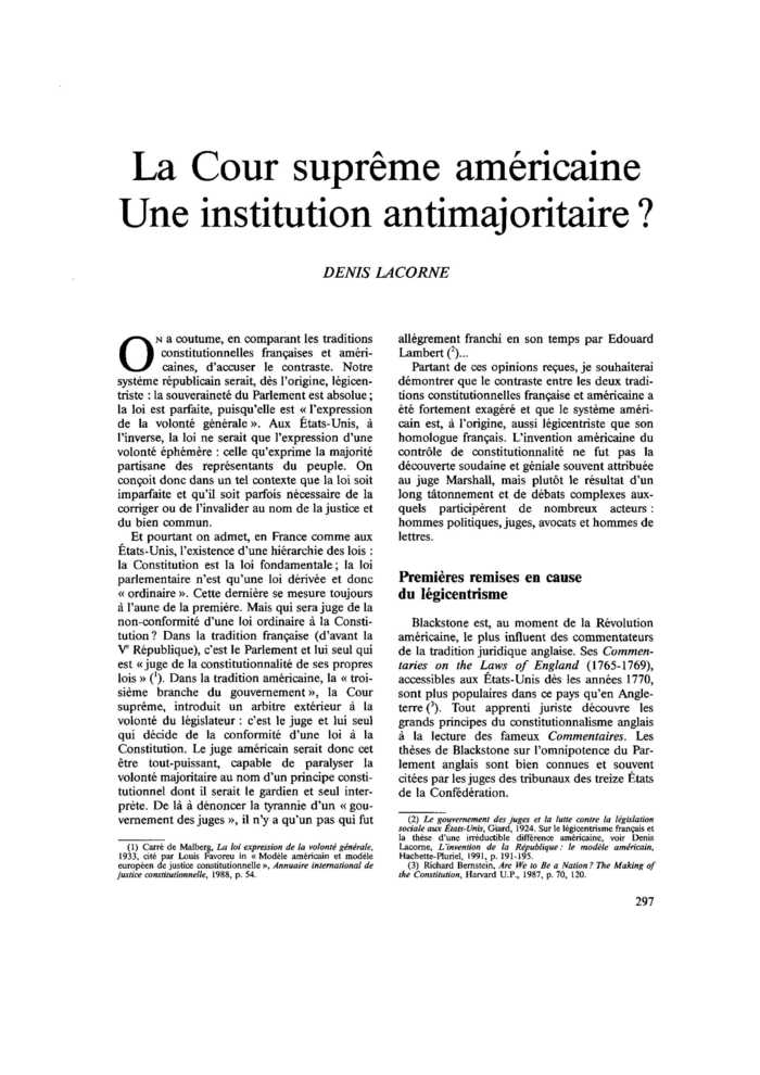 La Cour suprême américaine. Une institution antimajoritaire ?
 – page 1
