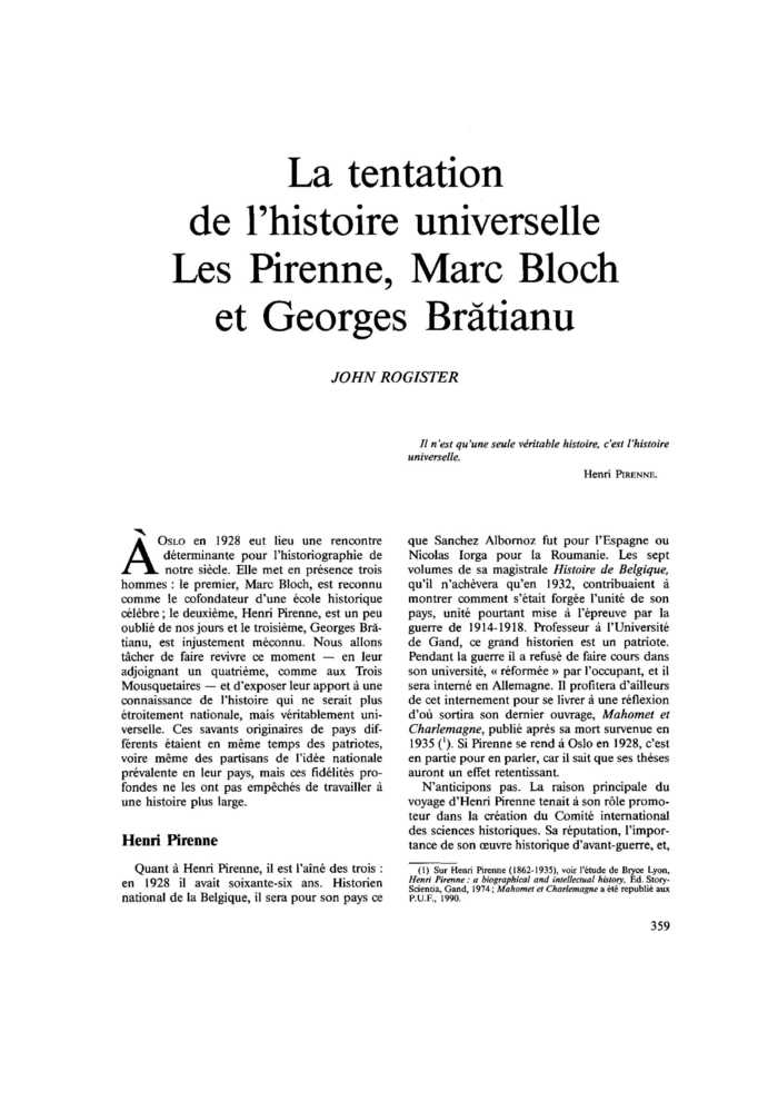 La tentation de l’histoire universelle. Les Pirenne, Marc Bloch et Georges Bratianu
 – page 1