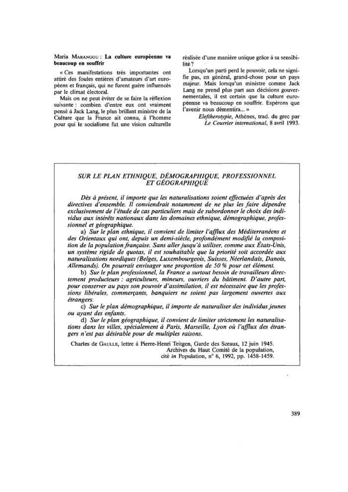 SUR LE PLAN ETHNIQUE, DÉMOGRAPHIQUE, PROFESSIONNEL ET GÉOGRAPHIQUE
 – page 1