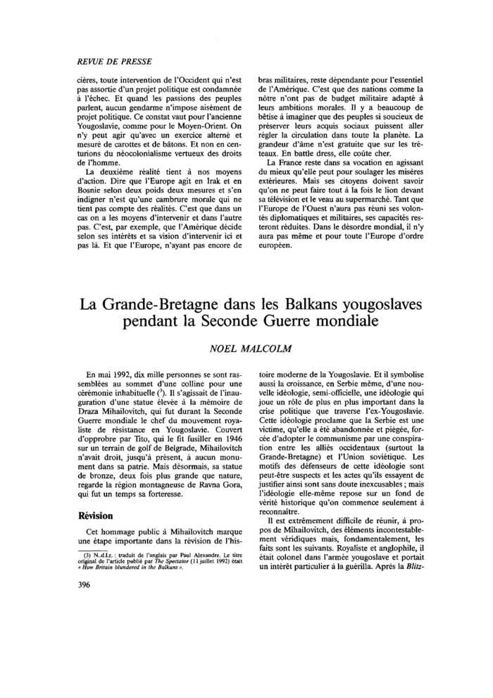 La Grande-Bretagne dans les Balkans yougoslaves pendant la Seconde Guerre mondiale
 – page 1