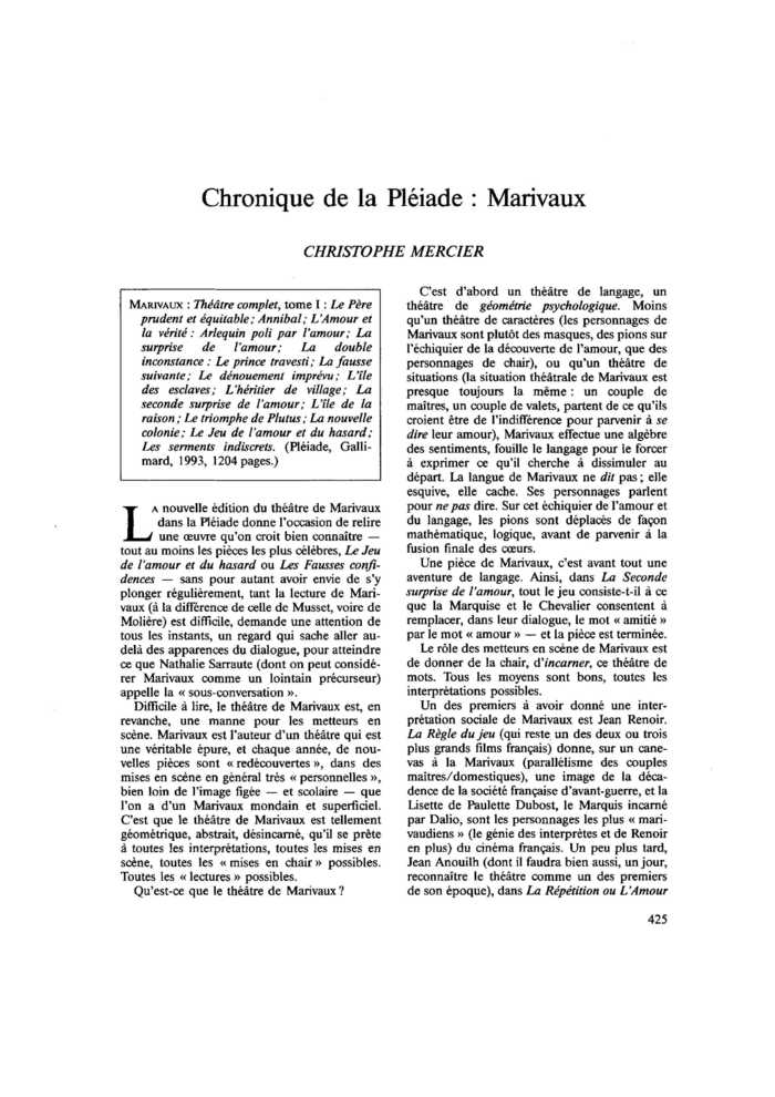 Chronique de la Pléiade : Marivaux
 – page 1