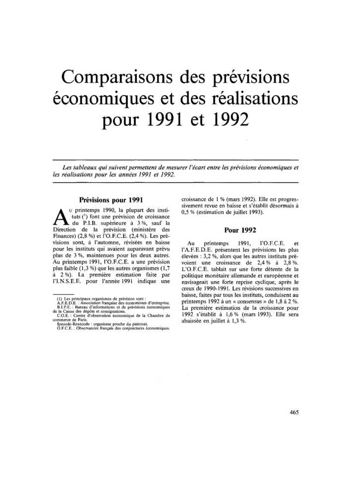 Comparaisons des prévisions économiques et des réalisations pour 1991 et 1992
 – page 1