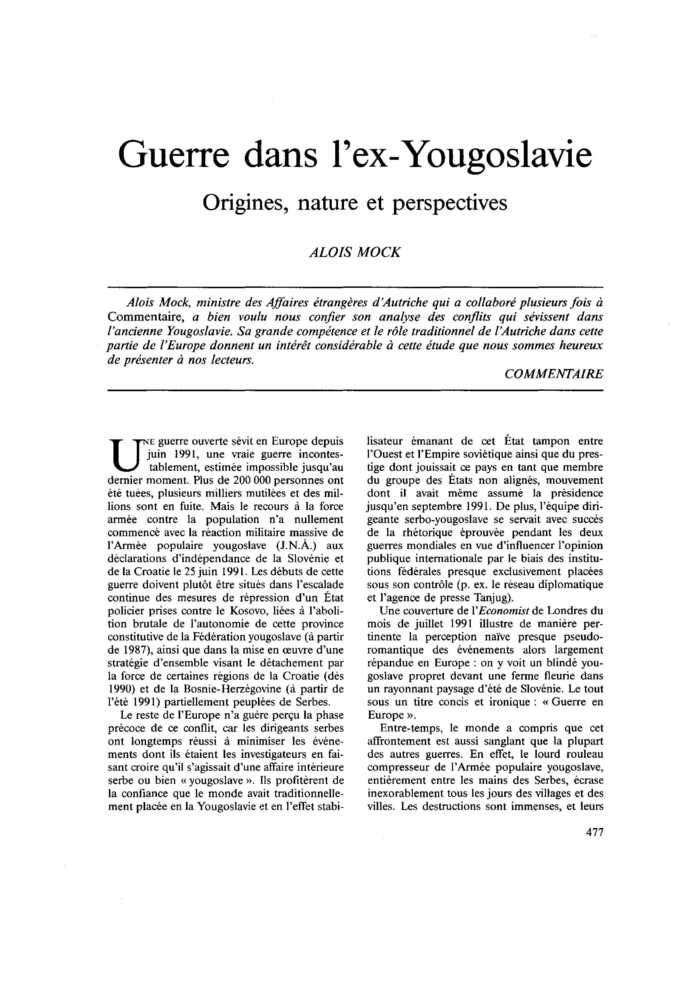 Guerre dans l’ex-Yougoslavie. Origines, nature et perspectives
 – page 1