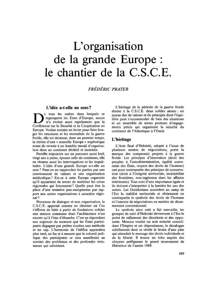 L’organisation de la grande Europe : le chantier de la C.S.C.E.
 – page 1