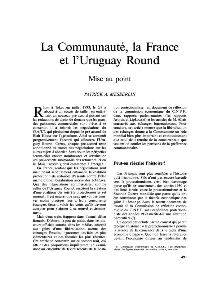 La Communauté, la France et l’Uruguay Round. Mise au point
 – page 1
