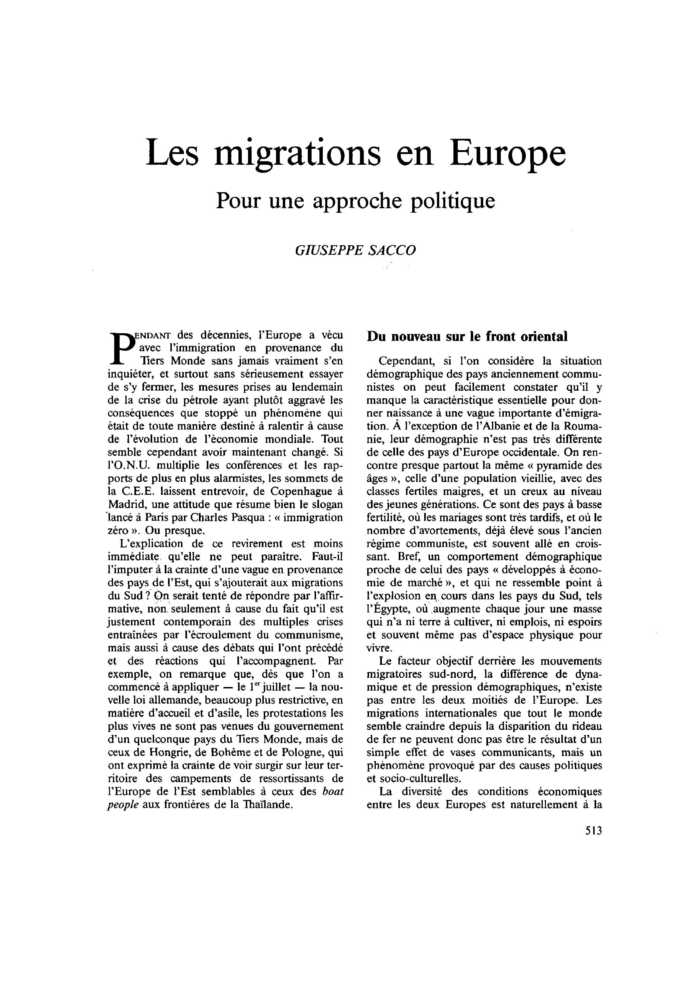 Les migrations en Europe. Pour une approche politique
 – page 1