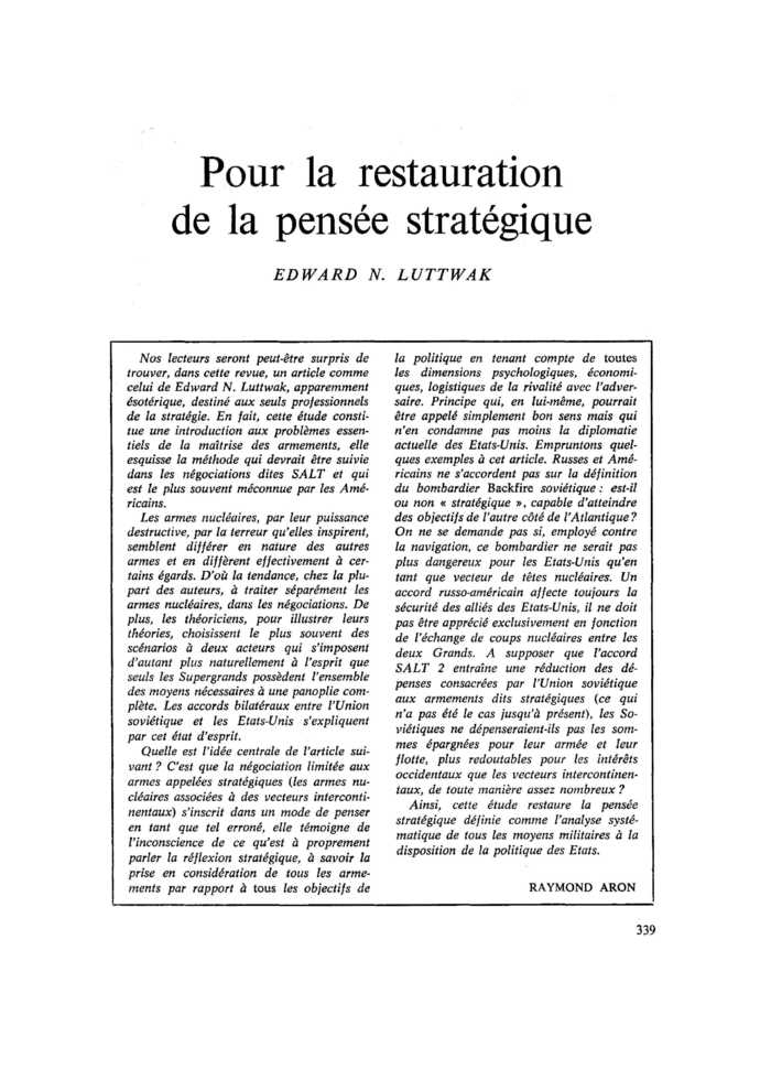 Pour la restauration de la pensée stratégique
 – page 1