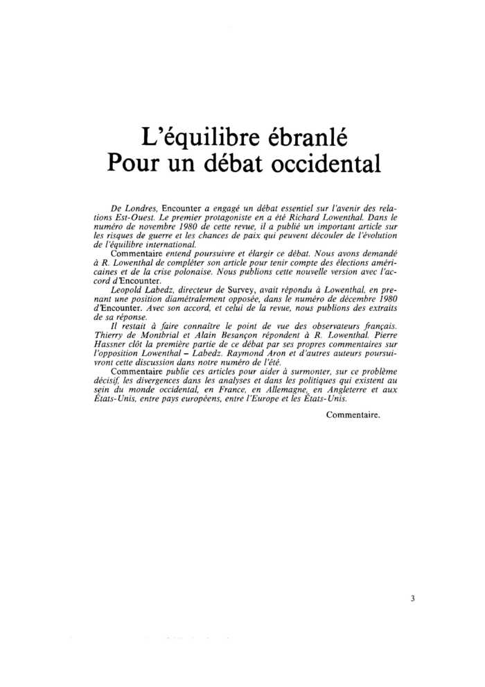 L’équilibre ébranlé. Pour un débat occidental
 – page 1