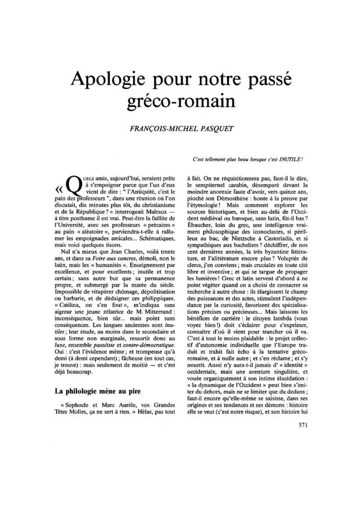Apologie pour notre passé gréco-romain
 – page 1
