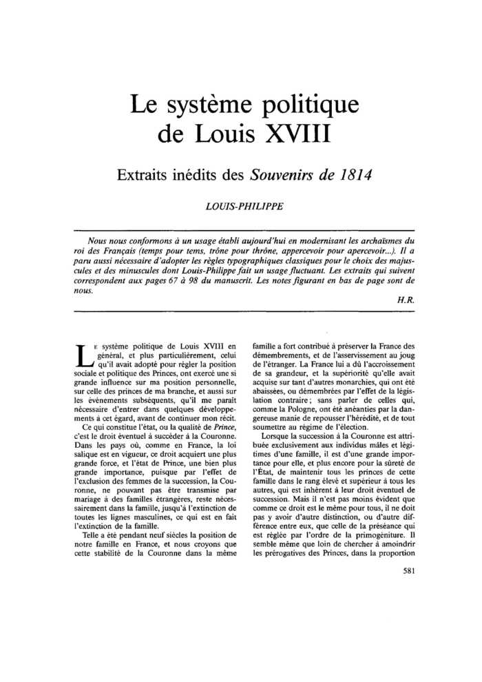 Le système politique de Louis XVIII. Extraits inédits des Souvenirs de 1814
 – page 1