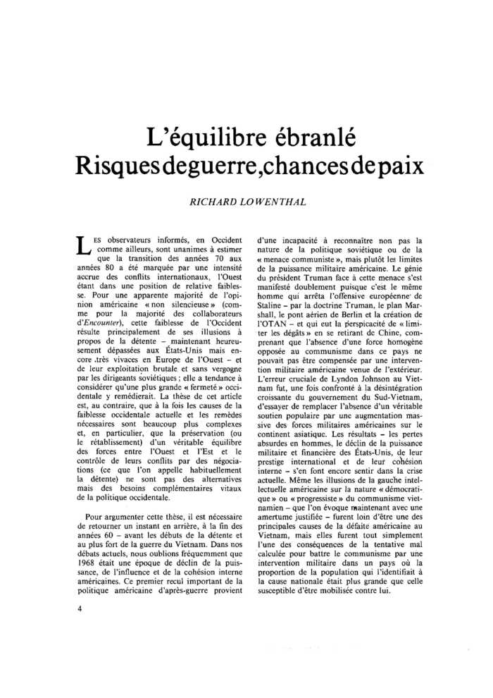 L’équilibre ébranlé. Risques de guerre, chances de paix
 – page 1