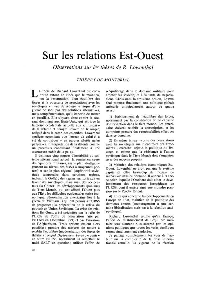Sur les relations Est-Ouest. Observations sur les thèses de R. Lowenthal
 – page 1