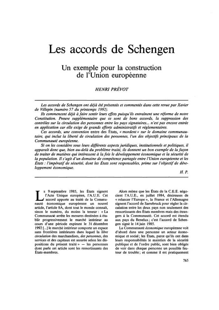 Les accords de Schengen. Un exemple pour la construction de l’Union européenne
 – page 1