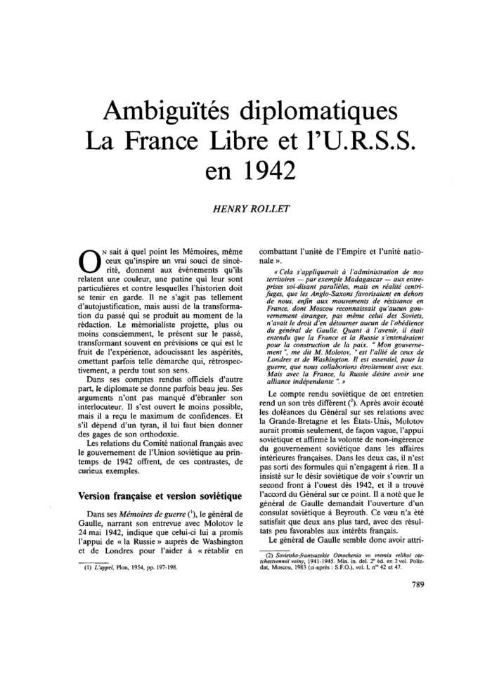 Ambiguïtés diplomatiques : la France libre et l’U.R.S.S. en 1942
 – page 1