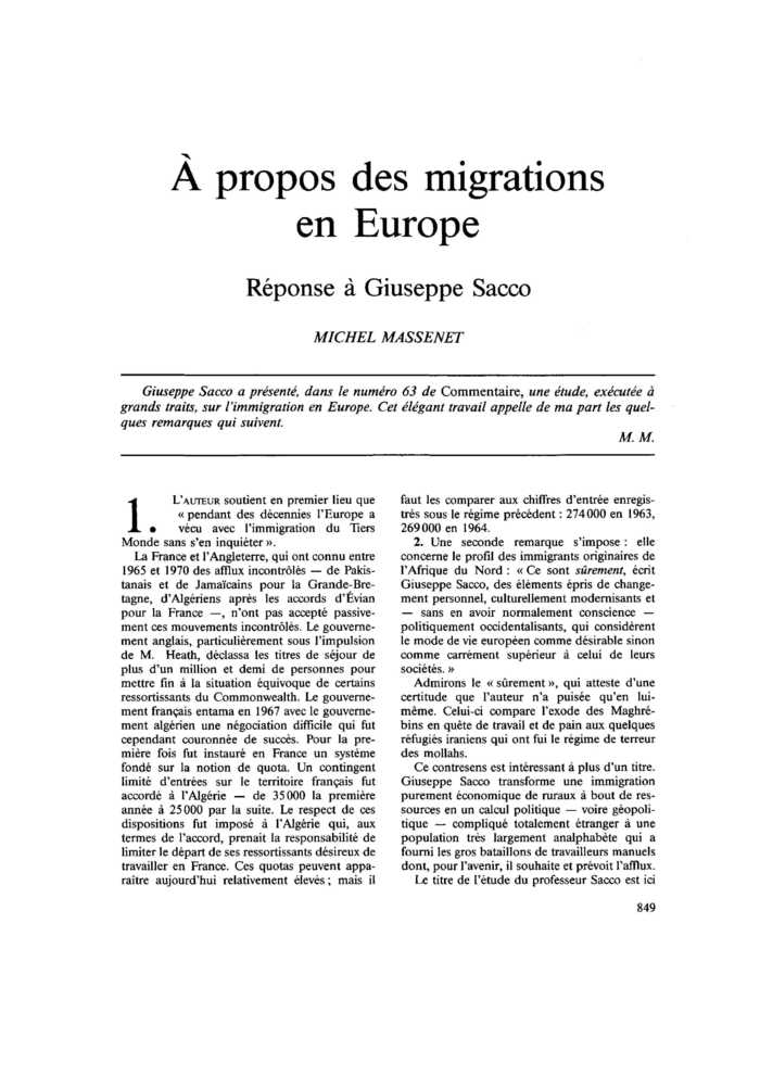 À propos des migrations en Europe. Réponse à Giuseppe Sacco
 – page 1