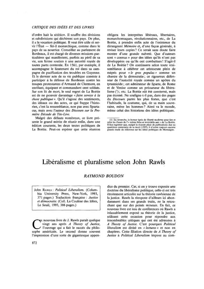 Libéralisme et pluralisme selon John Rawls
 – page 1