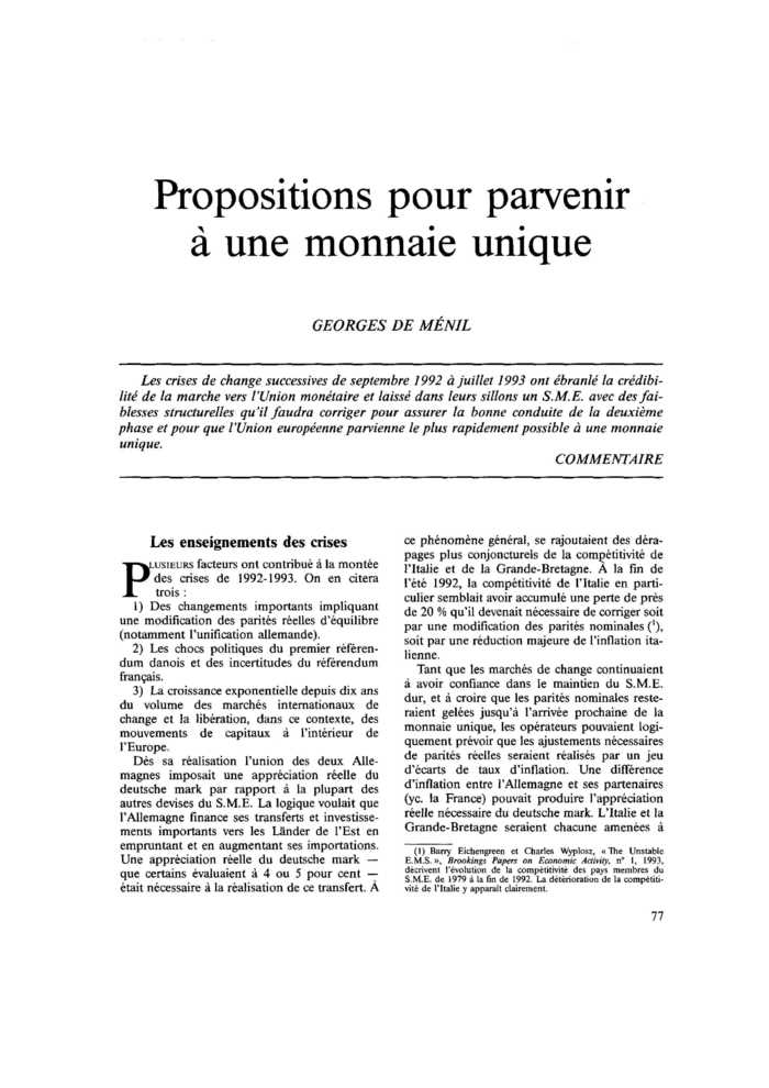 Propositions pour parvenir à une monnaie unique
 – page 1