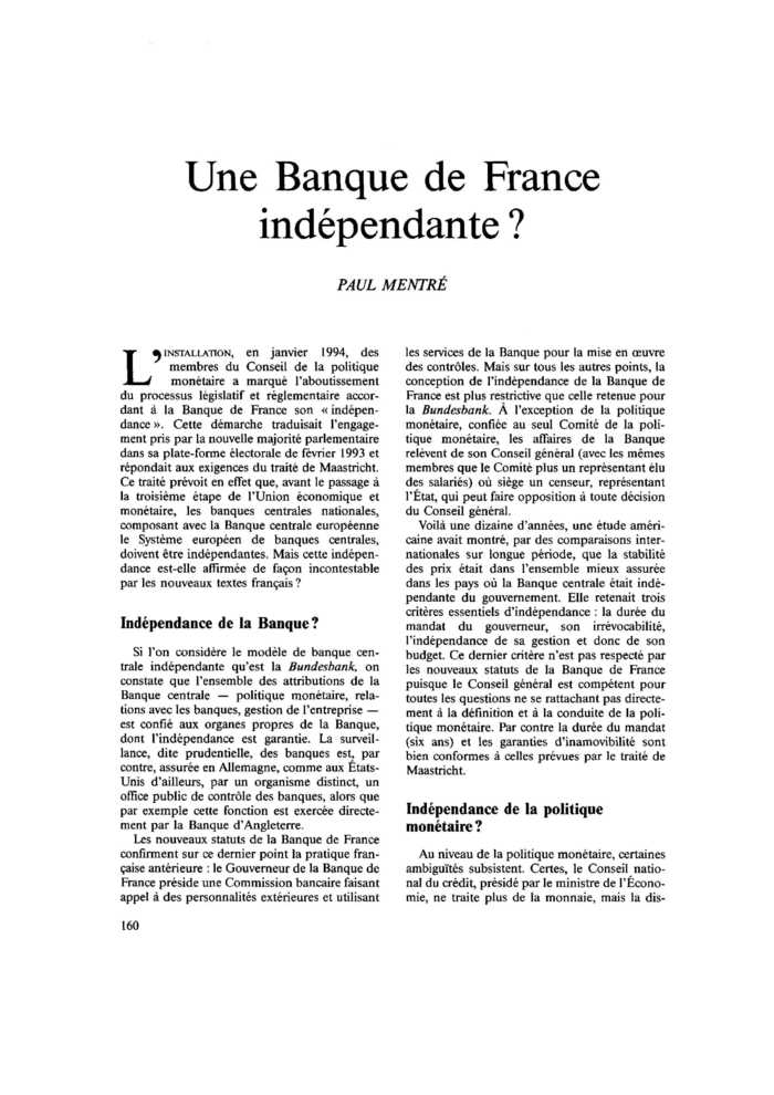 Une Banque de France indépendante ?
 – page 1