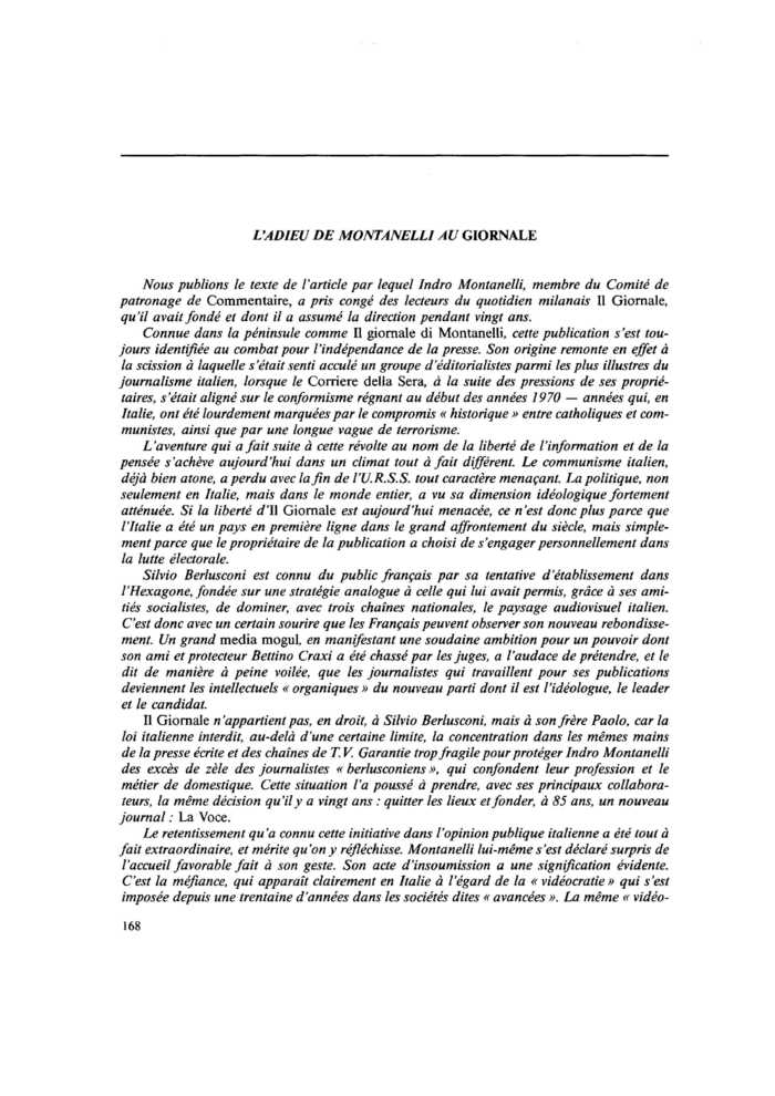 L’ADIEU DE MONTANELLI AU GIORNALE
 – page 1