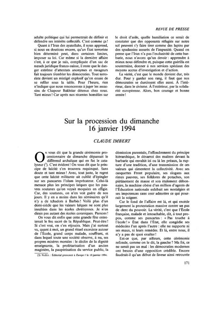 Sur la procession du dimanche 16 janvier 1994
 – page 1