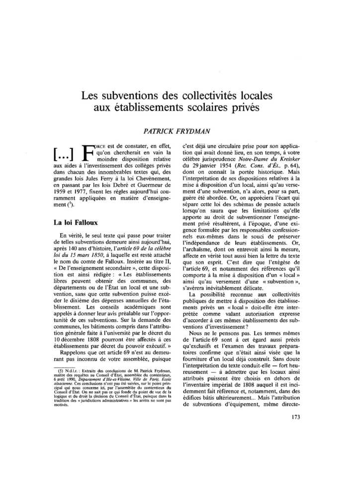 Les subventions des collectivités locales aux établissements scolaires privés
 – page 1