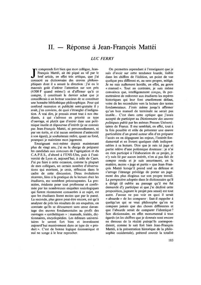 II. Réponse à Jean-François Mattéi
 – page 1