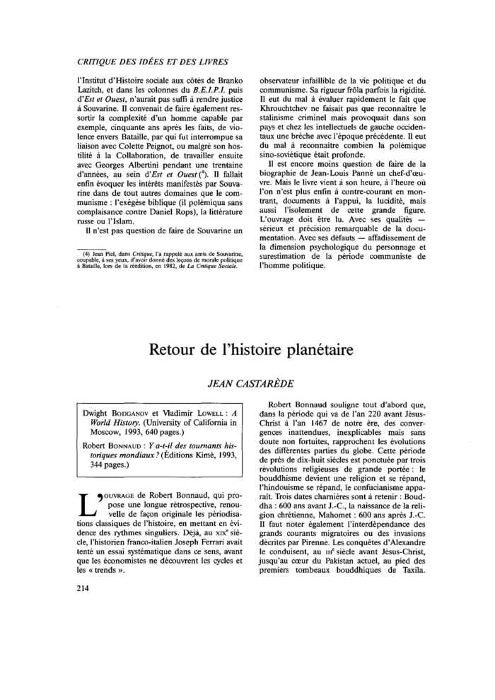 Retour de l’histoire planétaire
 – page 1