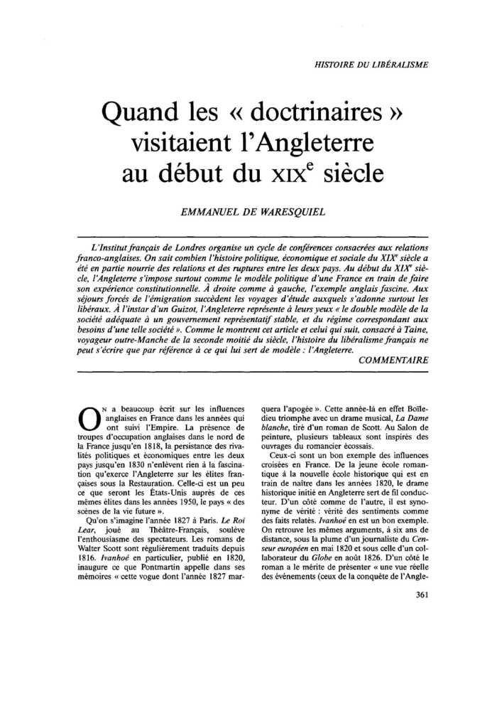 Quand les « doctrinaires » visitaient l’Angleterre au début du XIX<SUP>e</SUP> siècle
 – page 1