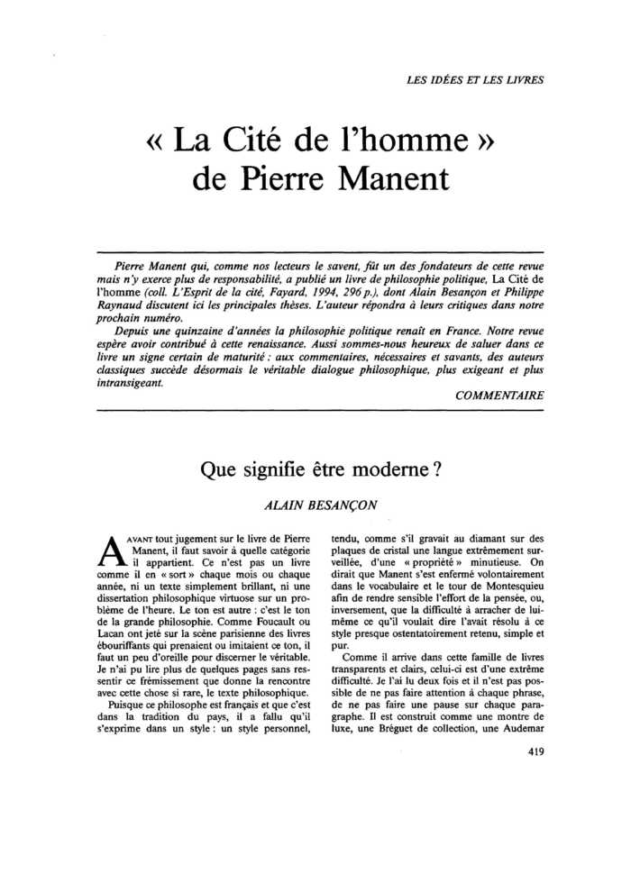 « La Cité de l’homme » de Pierre Manent. Que signifie être moderne ?
 – page 1