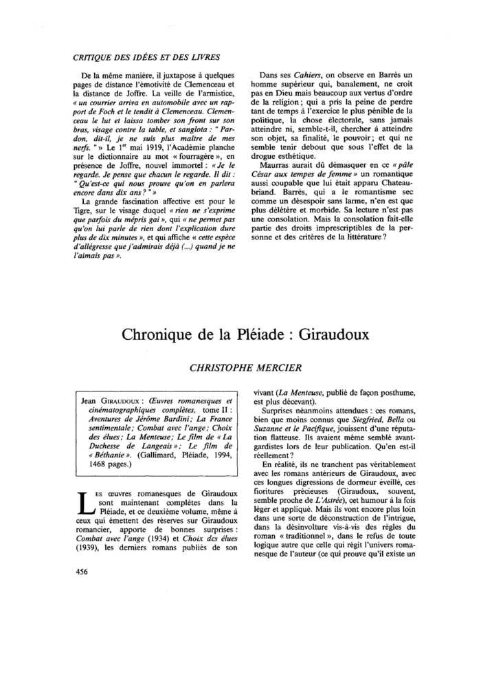 Chronique de la Pléiade : Giraudoux
 – page 1