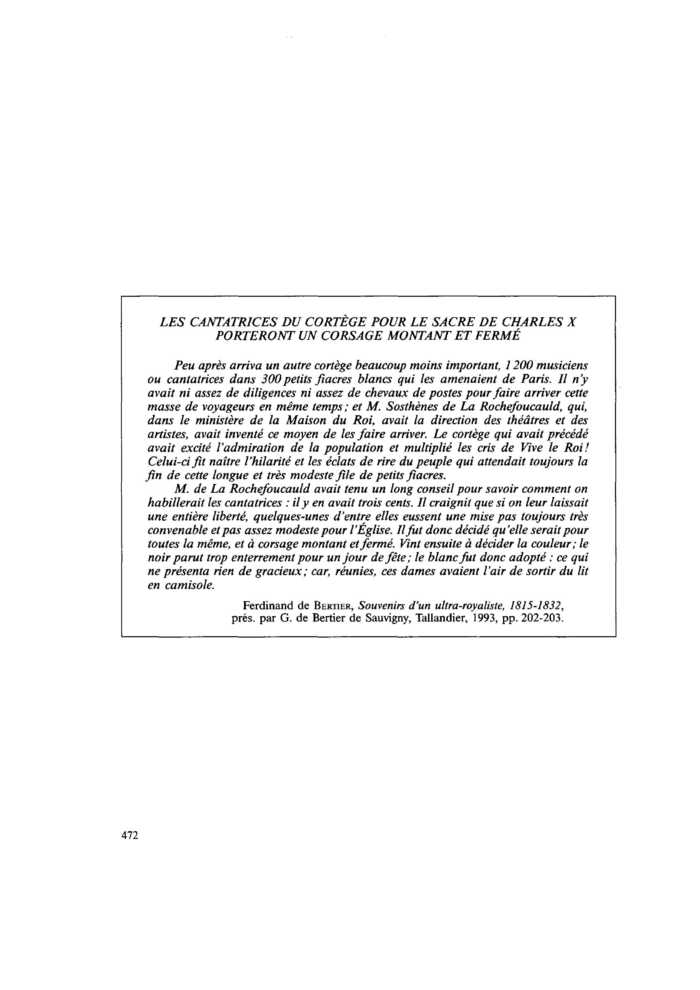 LES CANTATRICES DU CORTÈGE POUR LE SACRE DE CHARLES X PORTERONT UN CORSAGE MONTANT ET FERMÉ
 – page 1