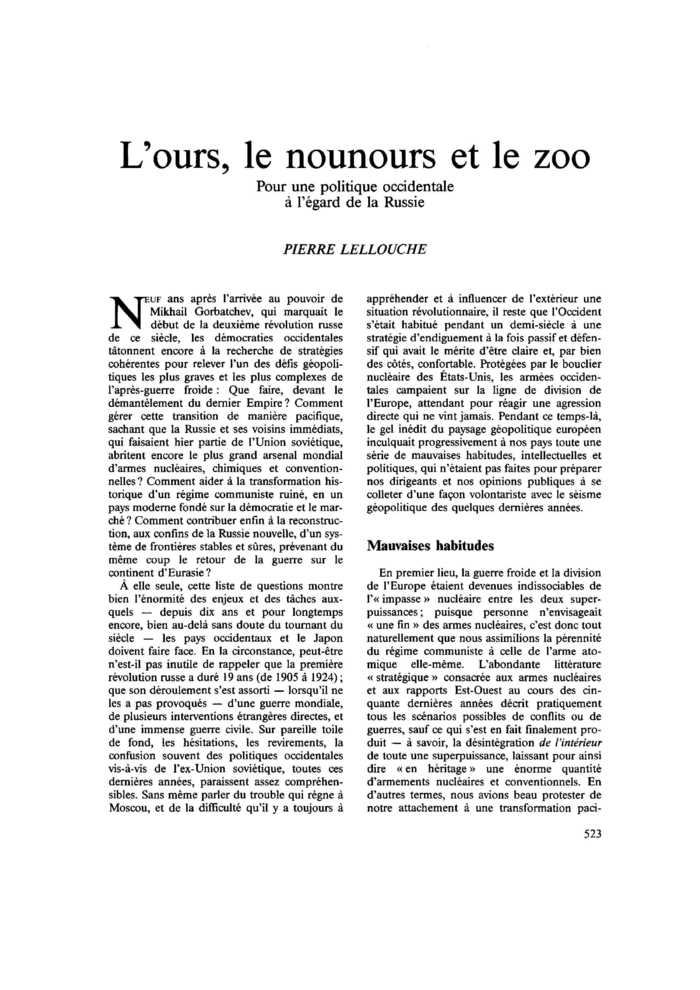 L’ours, le nounours et le zoo. Pour une politique occidentale à l’égard de la Russie
 – page 1