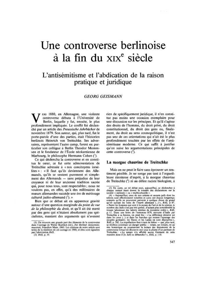 Une controverse berlinoise à la fin du XIXe siècle. L’antisémitisme et l’abdication de la raison pratique et juridique
 – page 1