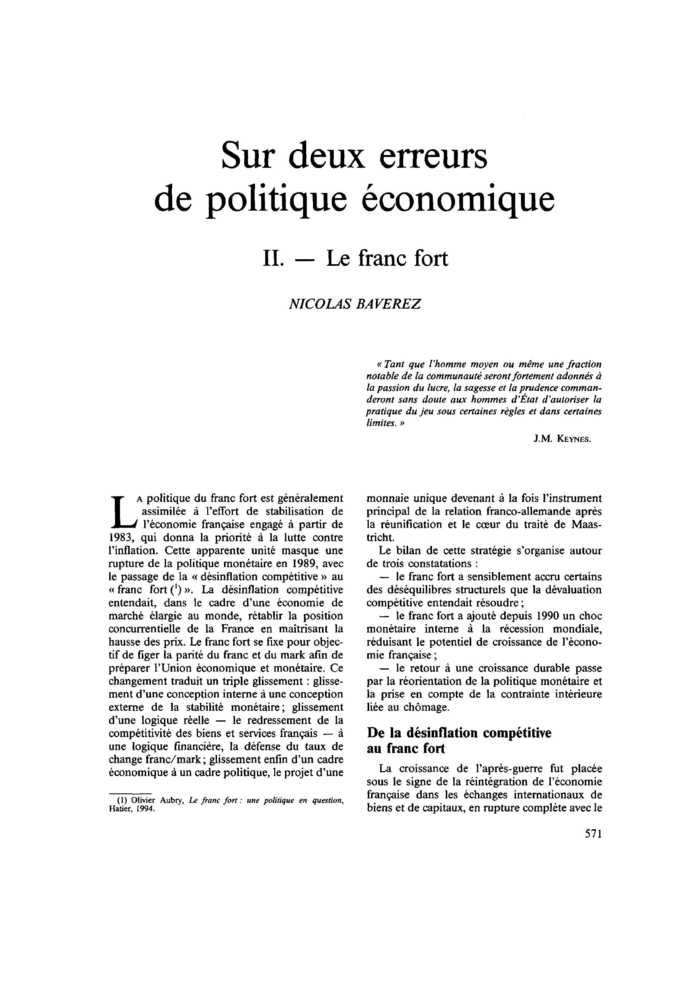 Sur deux erreurs de politique économique. II. Le franc fort
 – page 1
