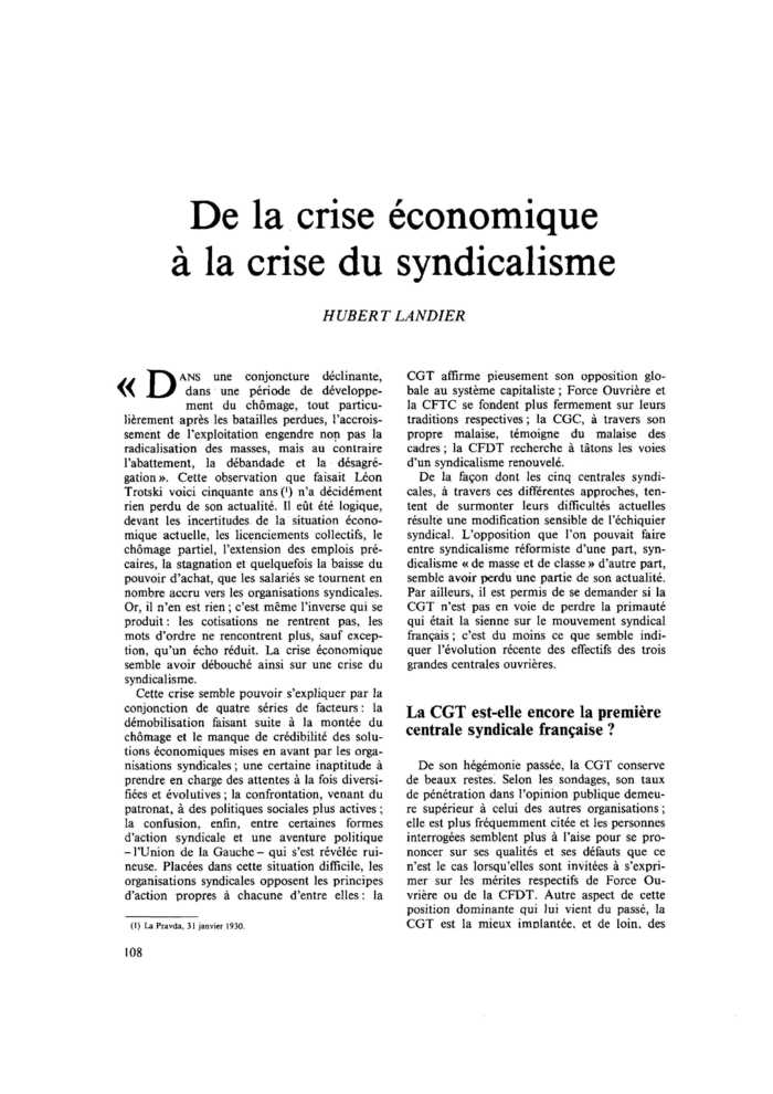 De la crise économique à la crise du syndicalisme
 – page 1