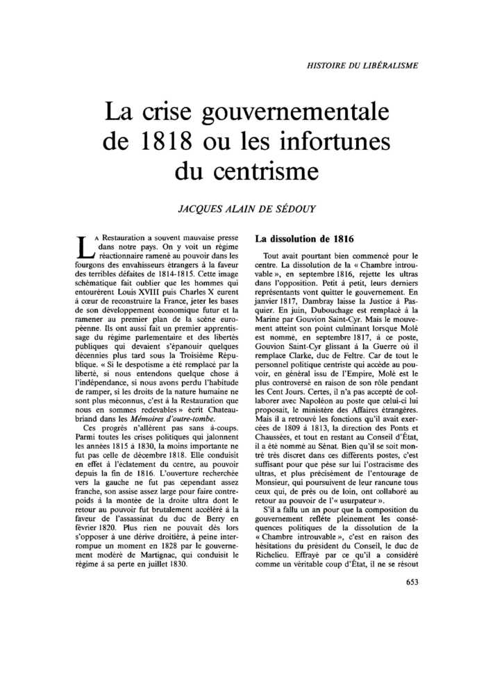 La crise gouvernementale de 1818 ou les infortunes du centrisme
 – page 1