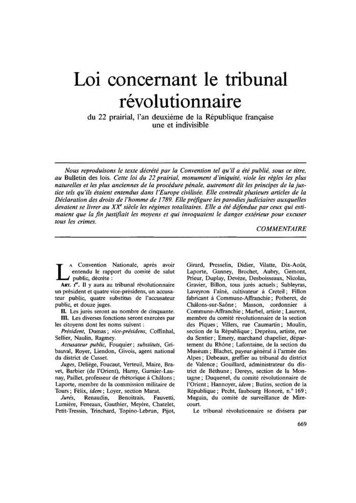 Loi concernant le tribunal révolutionnaire du 22 prairial, l’an deuxième de la République française une et indivisible
 – page 1