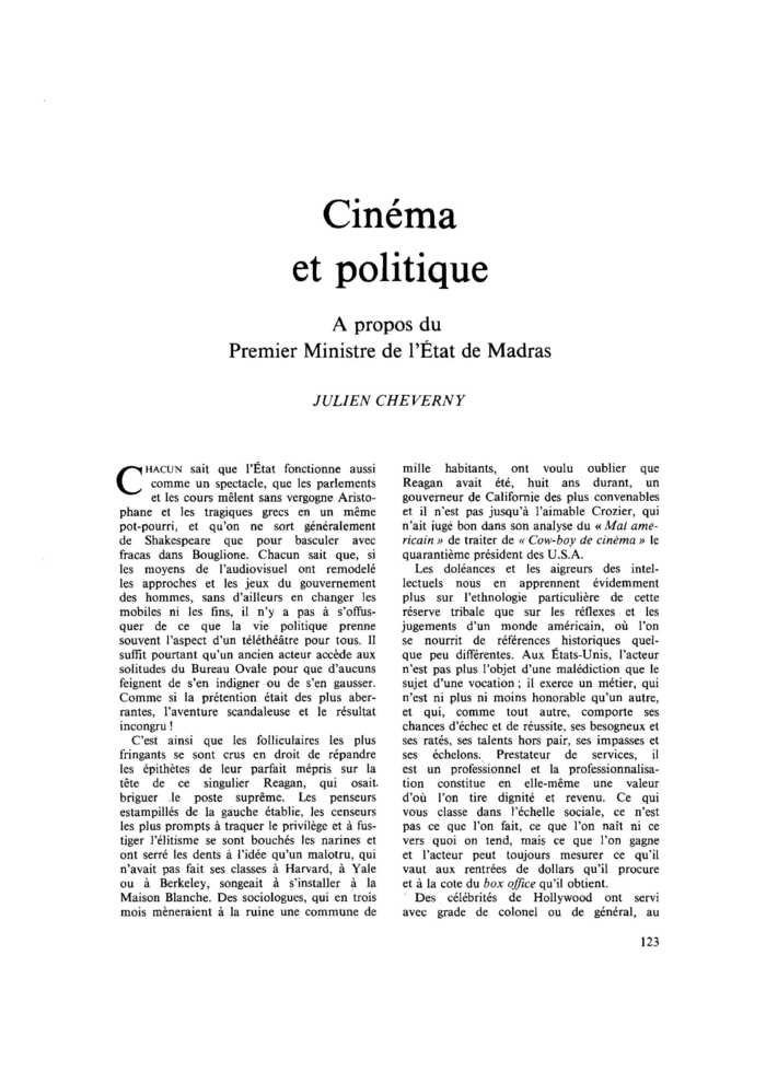 Cinéma et politique. À propos du Premier Ministre de l’État de Madras
 – page 1