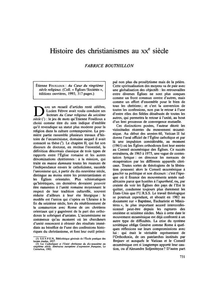 Histoire des christianismes au XXe siècle
 – page 1